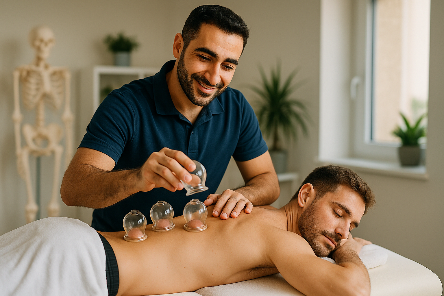 Physio Cure Dubai clinic therapist smiling while placing glass cups on a relaxed male patient’s bare back, illustrating What to Expect During a Cupping Session