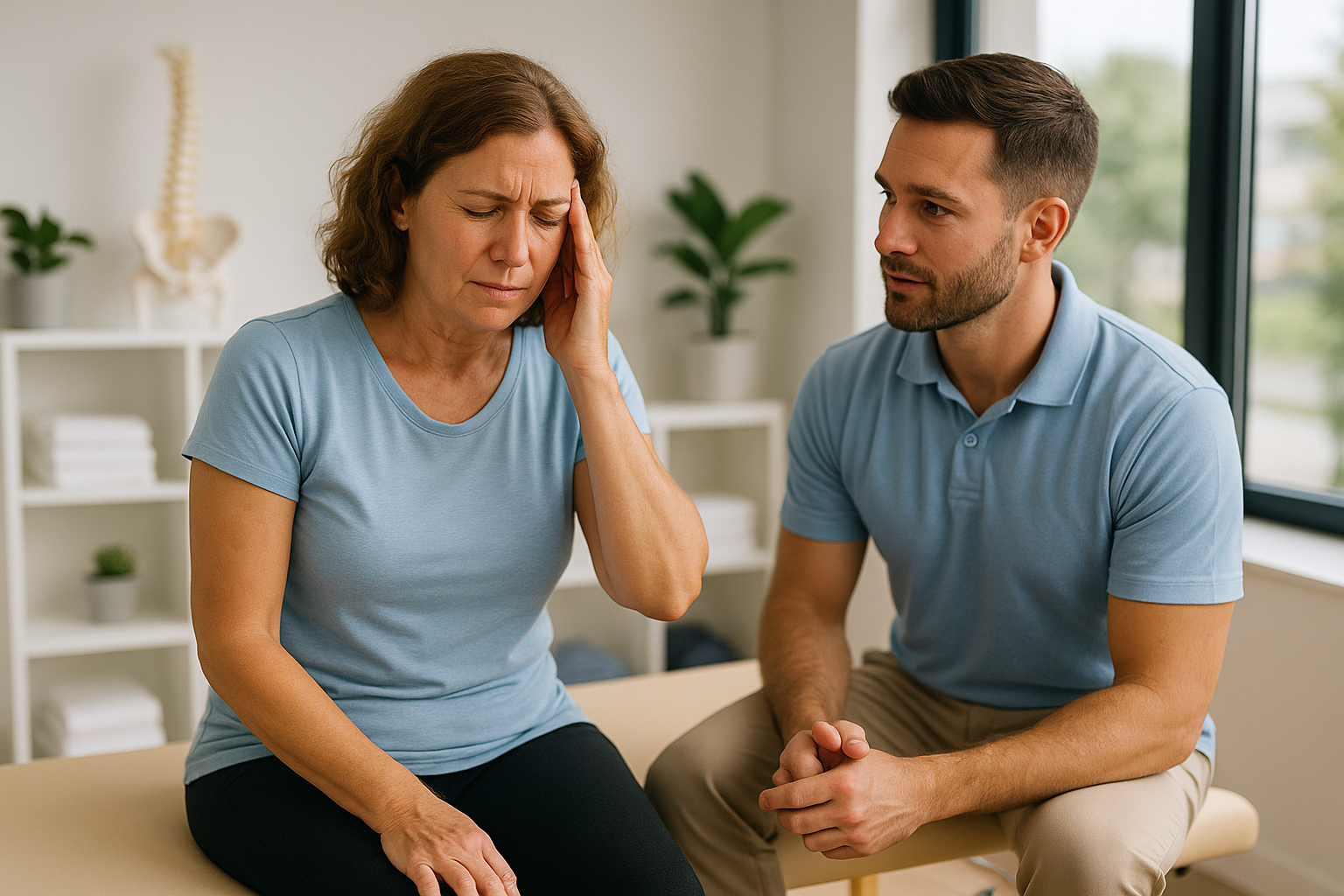 Female patient experiencing dizziness consulting a physiotherapist at Physio Cure Dubai clinic, illustrating When to Seek Physiotherapy for Vertigo.