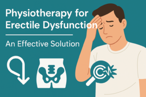 Illustration showing a concerned man beside bold text that reads ‘Physiotherapy for Erectile Dysfunction – An Effective Solution,’ with icons representing erectile health, pelvic anatomy, and physiotherapy on a teal background.